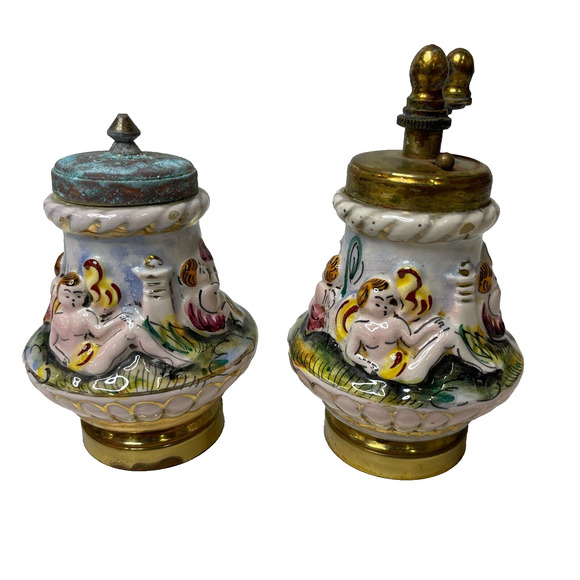 Vintage Salt Shaker And Pepper Grinder Set Porcelain and Brass Made In Italy - Picture 1 of 16